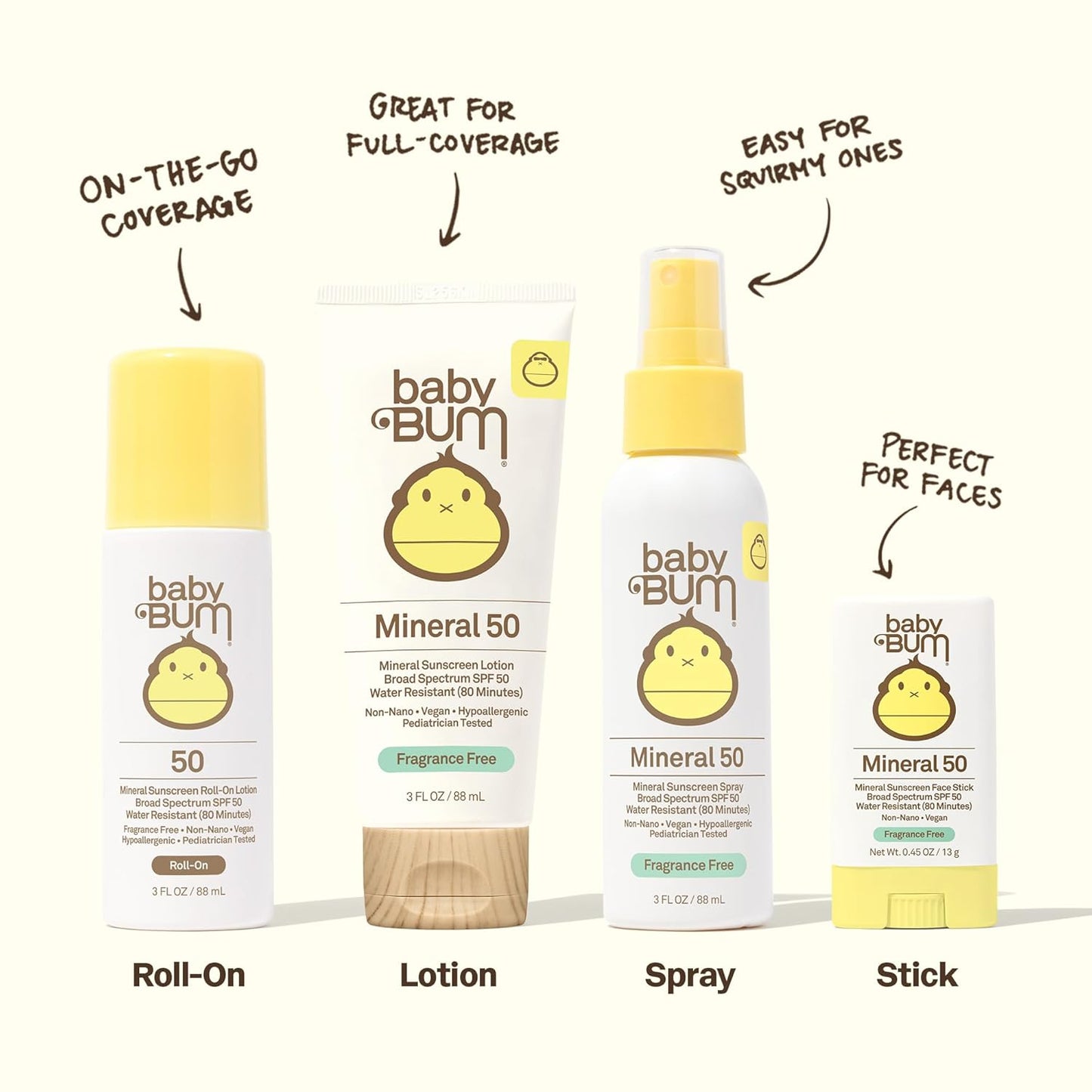 Sun Bum Baby Bum Mineral SPF 50 Roll-On Sunscreen - Vegan and Hawaii 104 Act Compliant (Without Octinoxate & Oxybenzone) - Broad Spectrum Moisturizing UVA/UVB - Travel Size - 3 oz