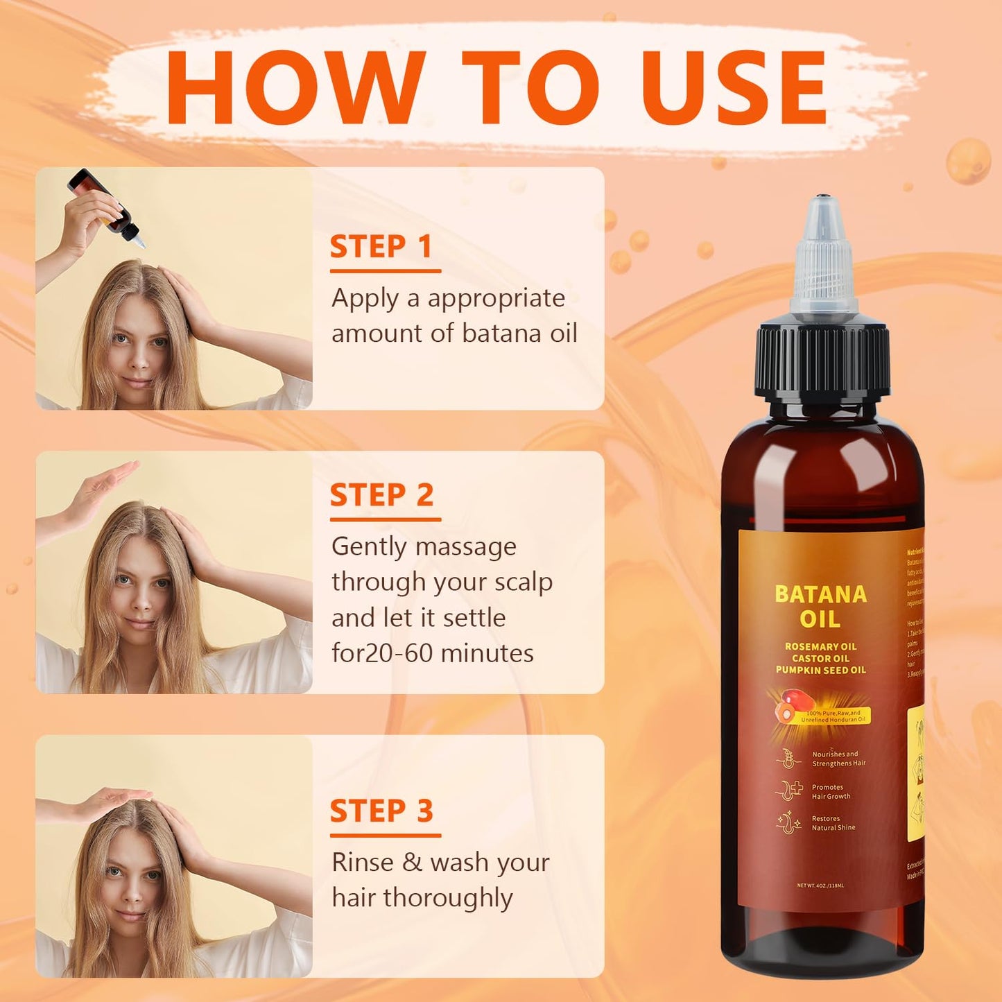 Natural Batana oil for hair growth,Batana Oil, Rosemary，Castor Oil，Pumpkin Seed Oil，4in1 Liquid Batana Hair Oil for All Hair Types (1PCS)