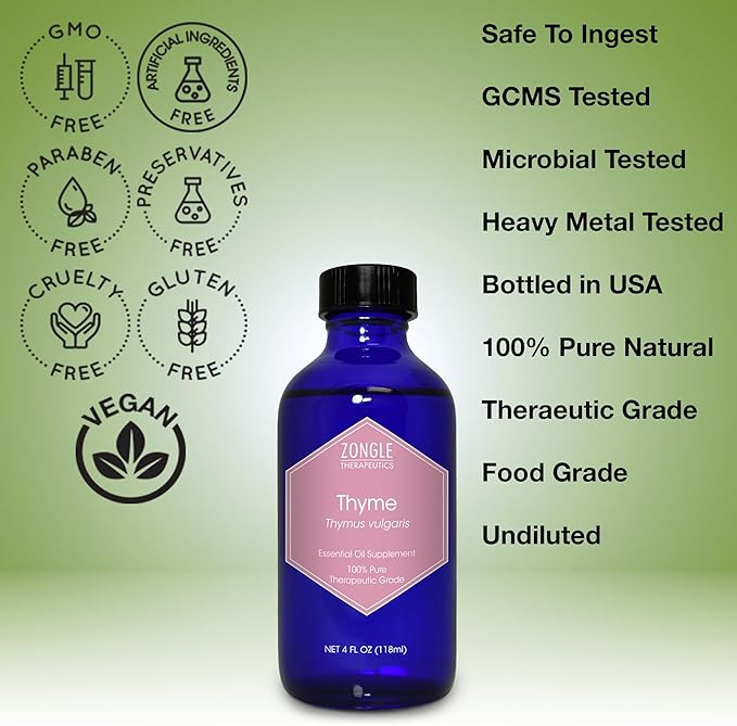 Thyme Essential Oil, Food Grade – 100% Pure, Thyme Oil, by Zongle Therapeutics, 4 OZ