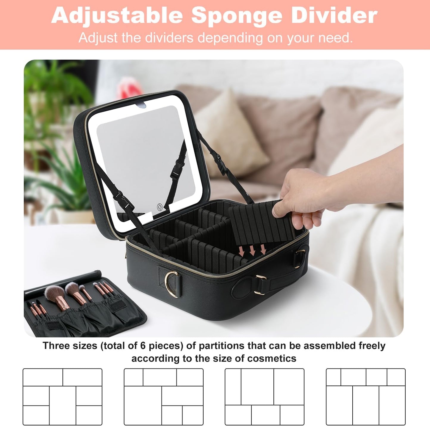 Mocado Travel Makeup Bag with LED Lighted Mirror,Travel Makeup Organizer, Makeup Case with 8 Makeup Brushes and 10x Magnifying Mirror, 3 Color Lighting, Adjustable Divider Makeup Box(Black Lozenge)