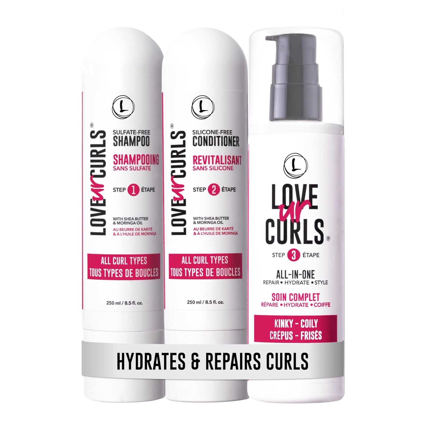 Love Ur Curls - Shampoo & Conditioner Set with All in One Curl Cream Styler for Kinky & Coily Hair, 3 Step System for Repair and Moisturizing