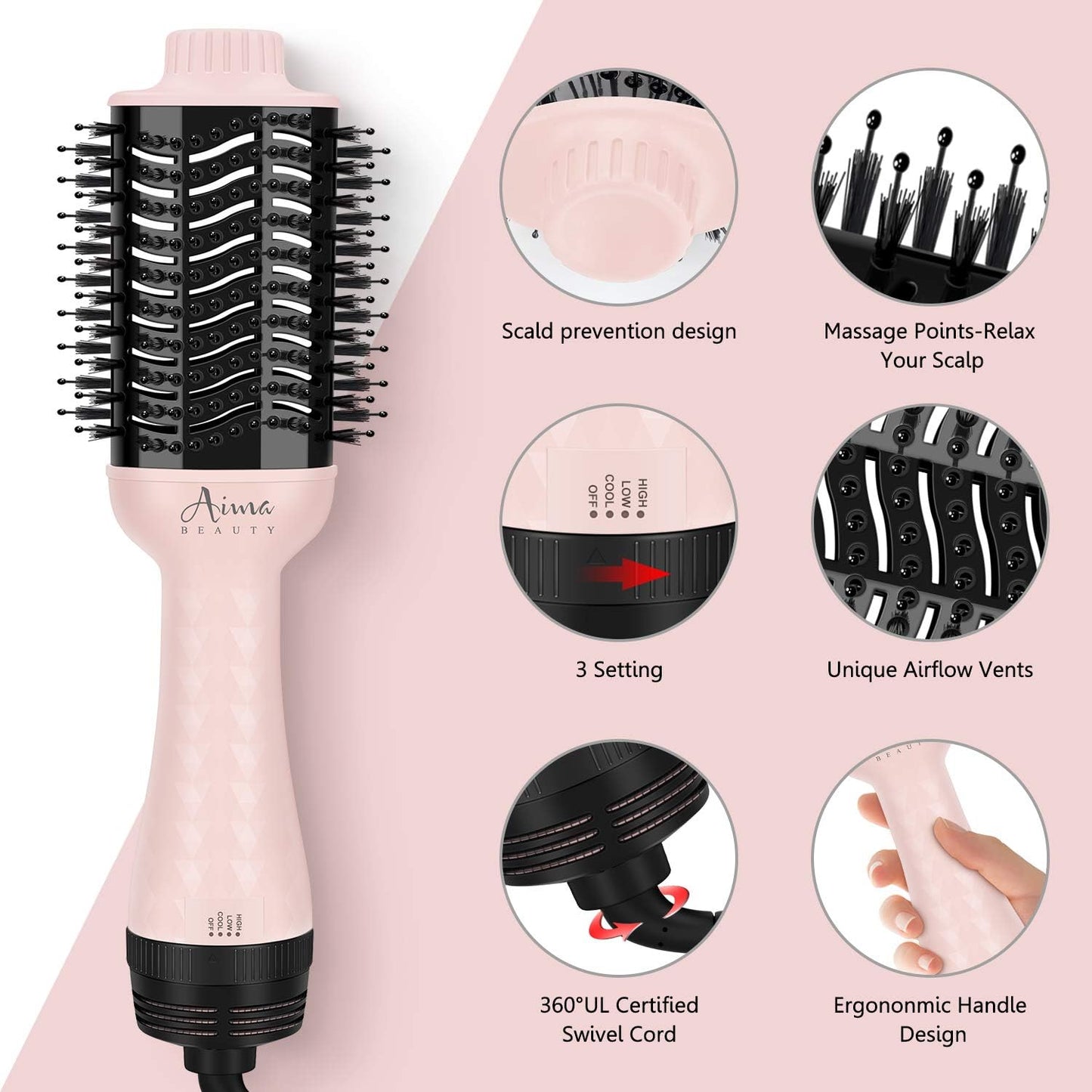 Aima Beauty One-Step Volumizer Hair Dryer Brush, 4-in-1 Upgrade Hot Air Brush for Less Frizz, More Shine, Oval Brush for Blowout, Pink