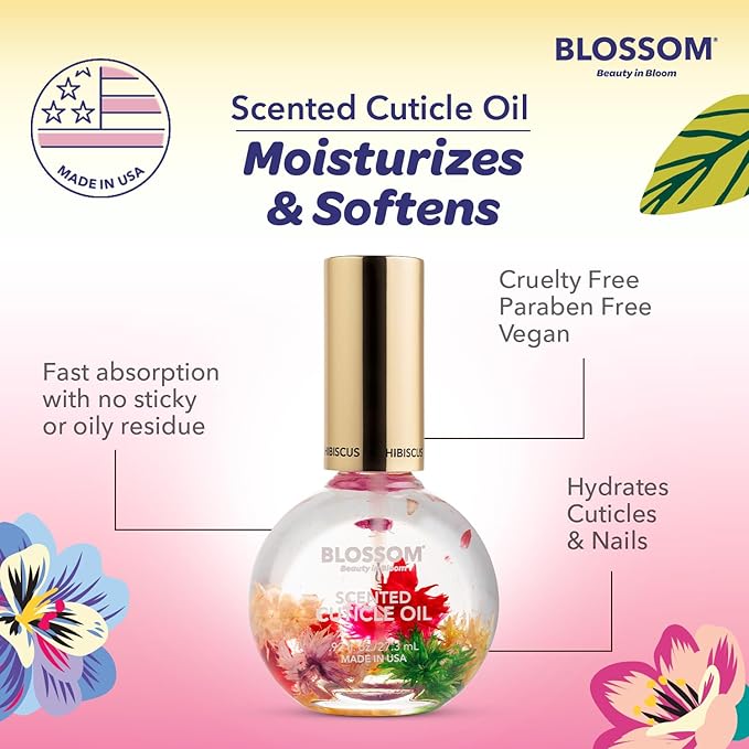Blossom Hydrating, Moisturizing, Strengthening, Scented Cuticle Oil, Infused with Real Flowers, Made in USA, 2 Pack Bundle, Honeysuckle/Hibiscus