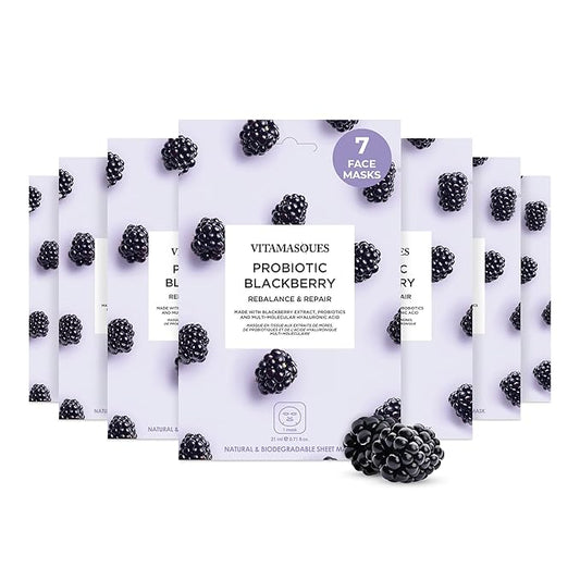 Vitamasques Probiotic Blackberry Face Sheet Mask 7 Pack - Korean Skin Care Facial Mask Rebalances & Repairs Skin with Multi Molecular Hyaluronic Acid - Natural & Biodegradable