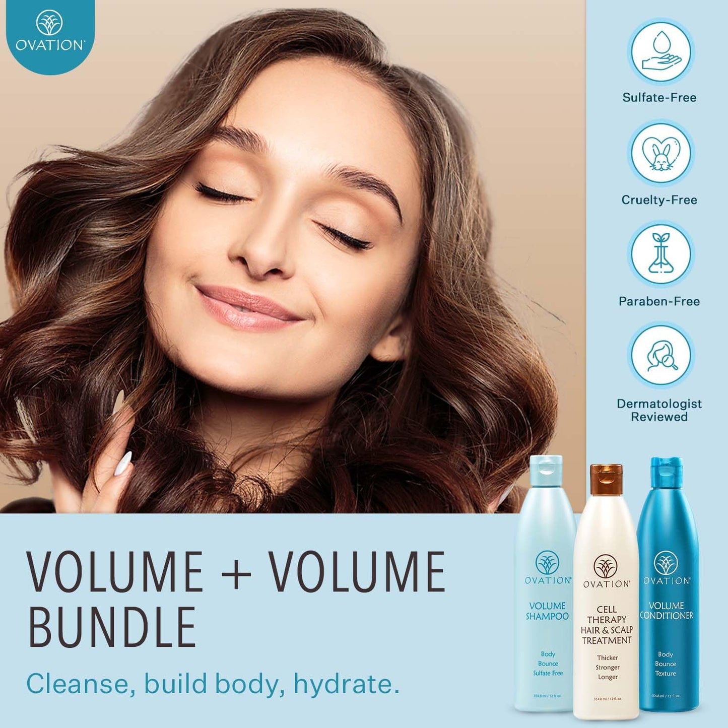 Ovation Hair Volumizing 3-Step Bundle for Fine Hair - with Volume Shampoo and Conditioner, Cell Therapy Hair Growth & Healthy Scalp Treatment - Add Weightless Volume, Bounce & Fullness