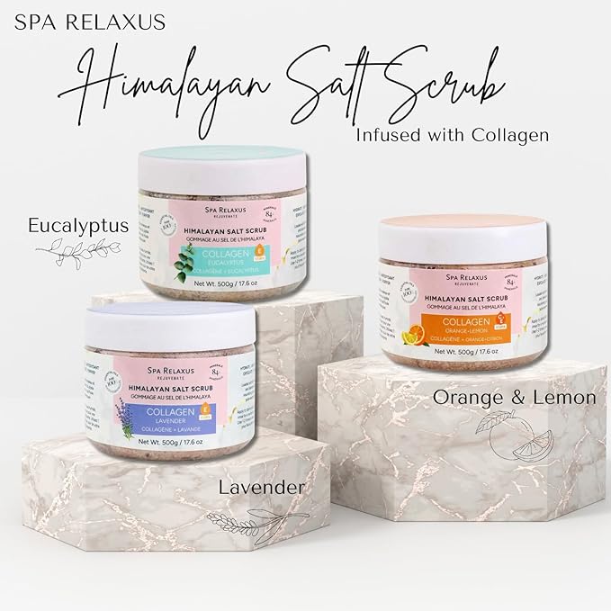 Spa Relaxus Himalayan Salt Scrub with Collagen 17.6 oz Jar, Rejuvenating Hydrating Salt Scrub with 84+ Minerals, Vitamin E, Jojoba Oil and Essential Oils (17.6 oz, Orange Lemon)