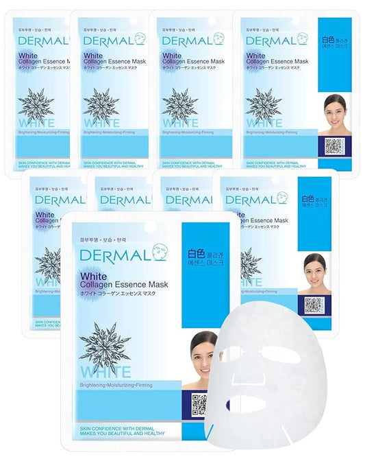 DERMAL White Collagen Essence Full Face Facial Mask Sheet 23g Pack of 10