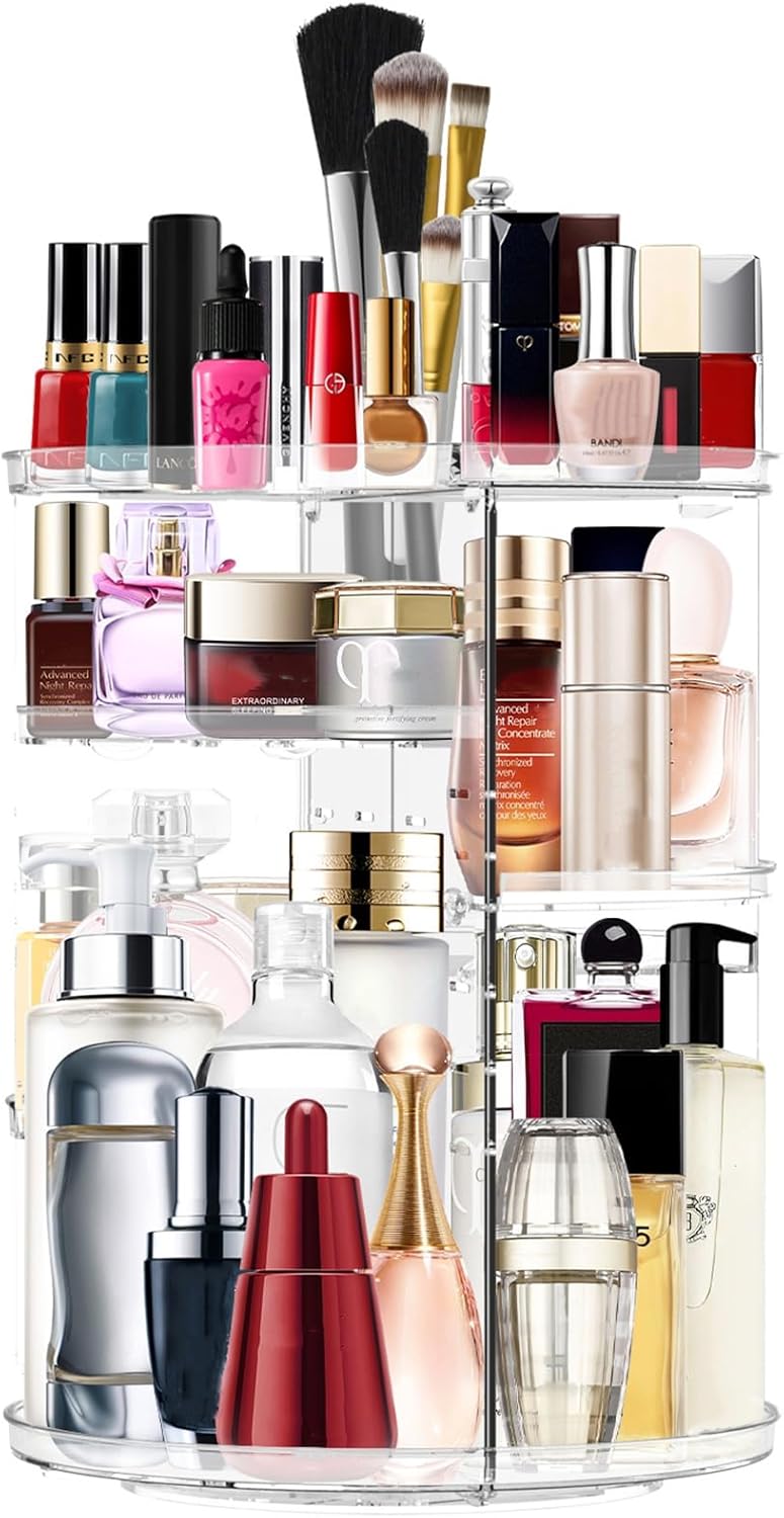 Makeup Organizer 360 Rotating Cosmetic Organizer DIY Adjustable Makeup Carousel Spinning Holder Rack, Large Capacity Cosmetic Storage Box Makeup Brushes Organizer for Vanity Countertop (Clear)