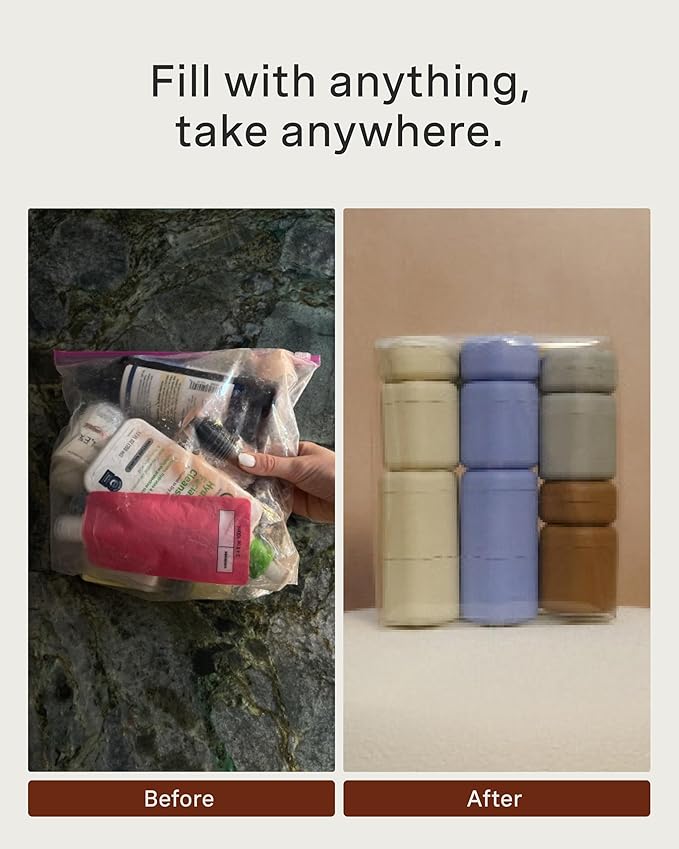 Cadence Travel Containers - Full Skincare Set - Magnetic Travel Capsules - 2 Small (0.56oz), 4 Medium Capsules (1.32oz), & Extender (1.43oz) with Multiple Labels for Better Organization - Charcoal