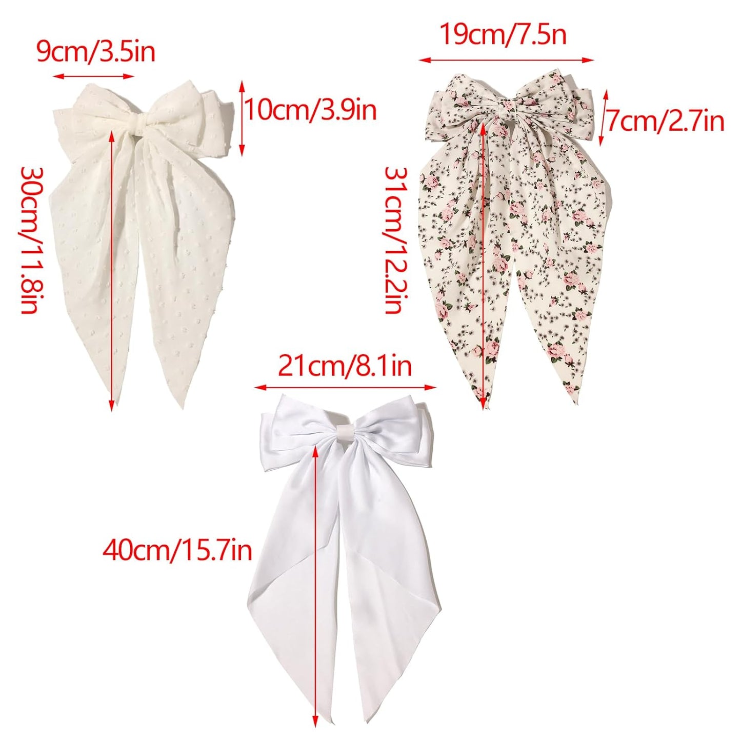 LFOUVRE Hair Accessories: Floral White Bowknot Barrettes, Dots Bow Clips with Tail, Solid Bow Hair Clips for Women and Girls, 3pcs Set