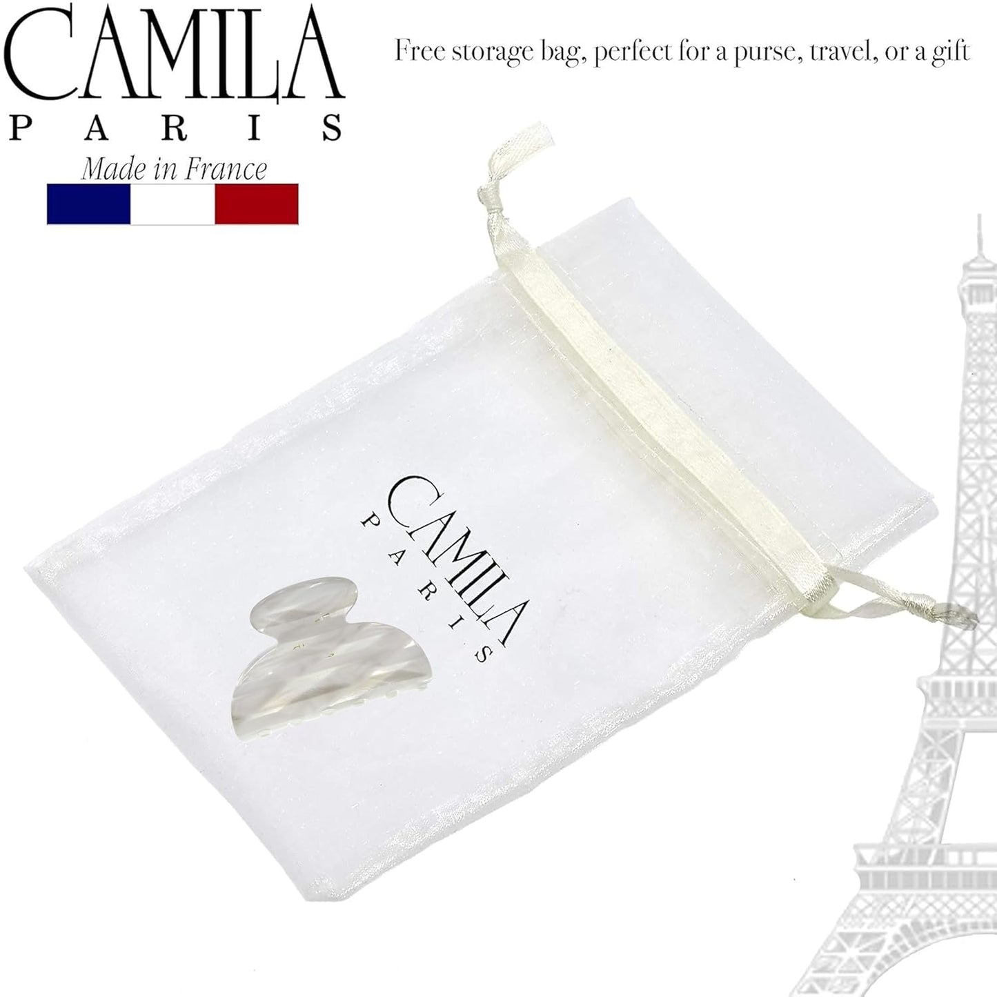 Camila Paris CP3071 French Hair Clip for Women, Handmade, White, Small, Girls Hair Claw Clips Jaw, Durable Styling Hair Accessories for Women, Strong Hold No Slip Grip, Made in France