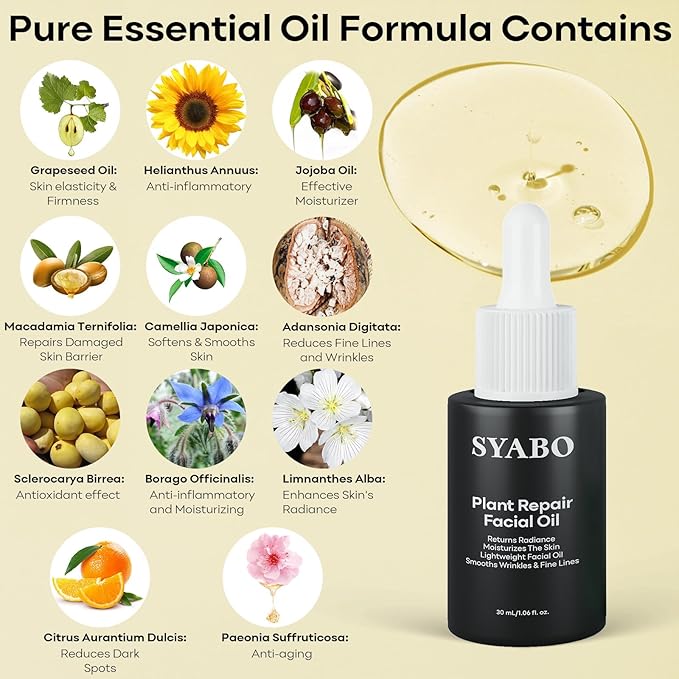 Natural Plant Derived Facial Oil - 100% Organic Anti Aging Facial Seed Oil with Grapeseed, Jojoba Oil, Vitamin E Oil, Daily Facial Oil Hydrating Moisturizer for All Skin Types