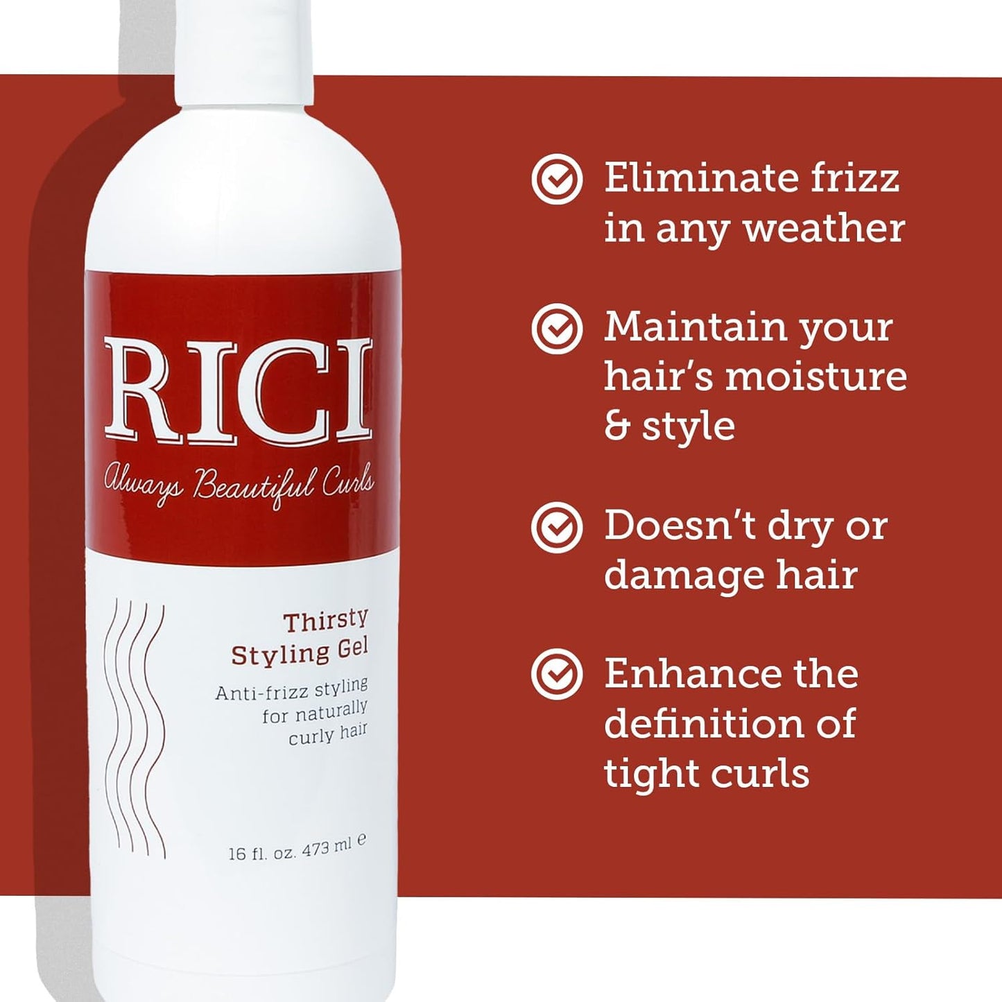 RICI Thirsty Styling Gel for Curly Hair | Naturally Formulated to Prevent Frizz for All Types of Curly Hair | Patented Formula Made in the USA (16 oz)