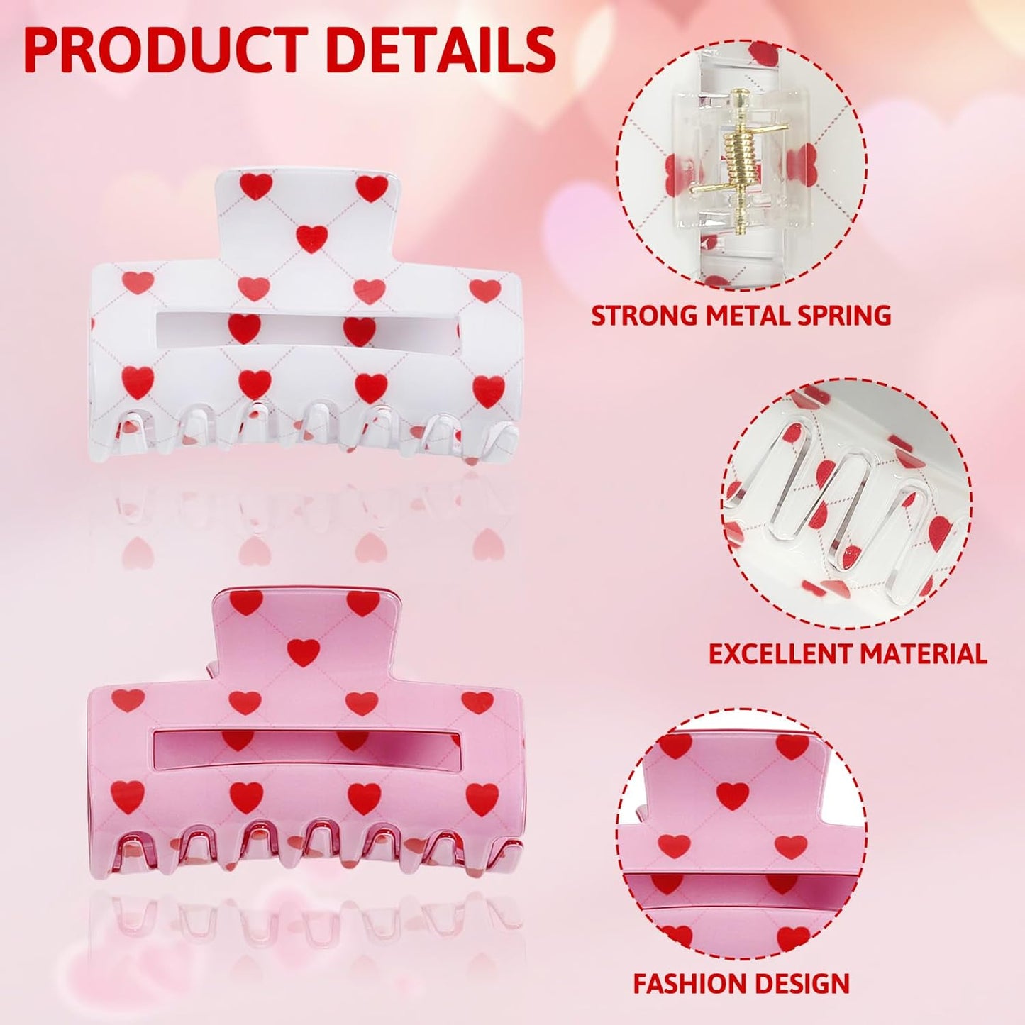 2Pcs Heart Hair Claw Clips for Women, Valentine’s Day Hair Clips, Valentine’s Day Hair Accessories, Cute Red Heart Pattern Design, Non-Slip White Pink Hair Claw for Thin and Thick Hair