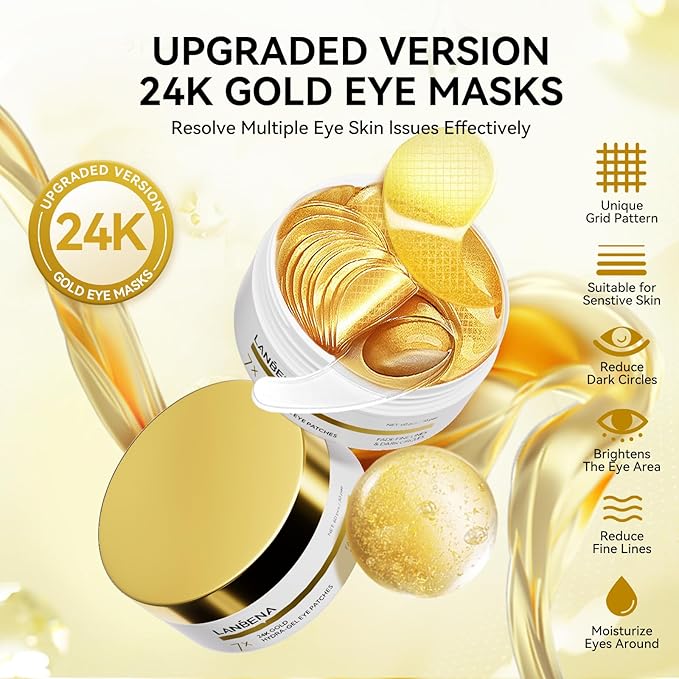 LANBENA 24K Gold Under Eye Patches(30 Pairs) -Cooling Eye Masks for Fine Lines Reduce, with Caffeine Niacinamide Tetrapeptide Hydra-Gel Collagen, Puffy Eyes & Dark Circles & Eye Bags Treatment