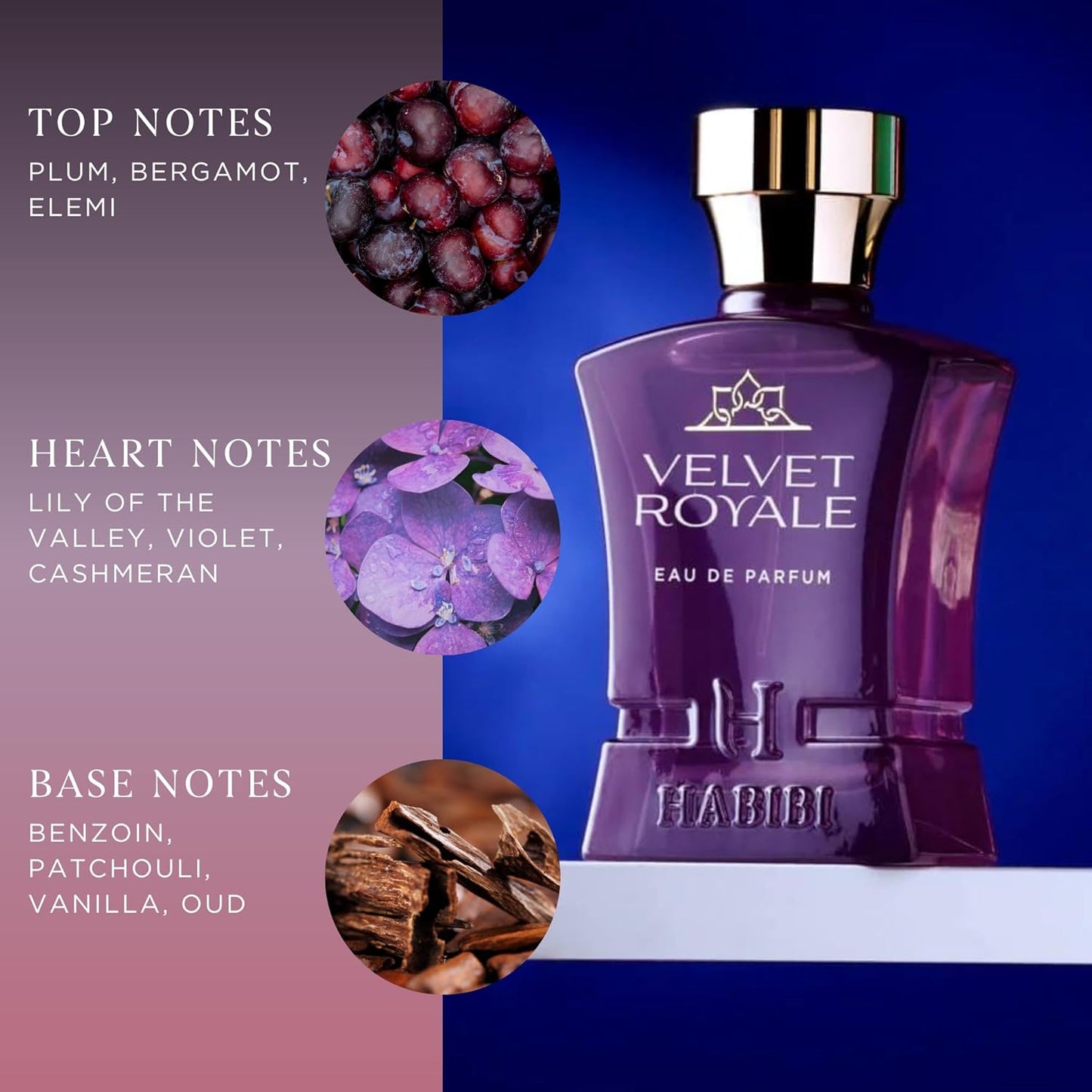 H HABIBI Velvet Royale Arabian Perfume for Women – 2.5 oz (75ML) Long Lasting Women's Fragrance, Fruity Floral Scent with Plum, Violet, Vanilla & Oud Notes