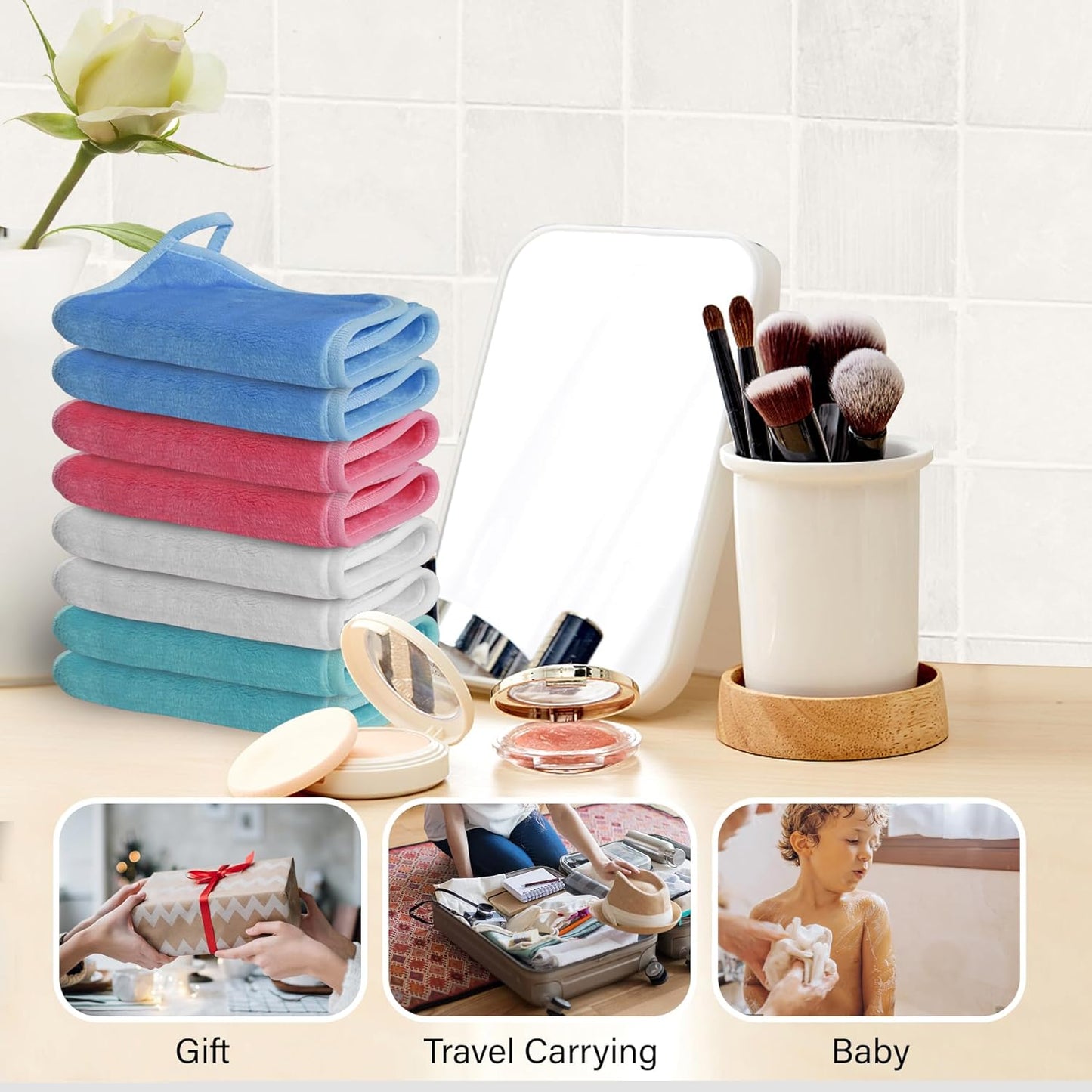 Nugilla Reusable Makeup Remover Cloths, 8 Packs Microfiber Cleaning Cloth Fast Drying Facial Washcloth, Ultra Soft Washing Towel for All Skin, 7 x 13 inch Green/Pink/Blue/White