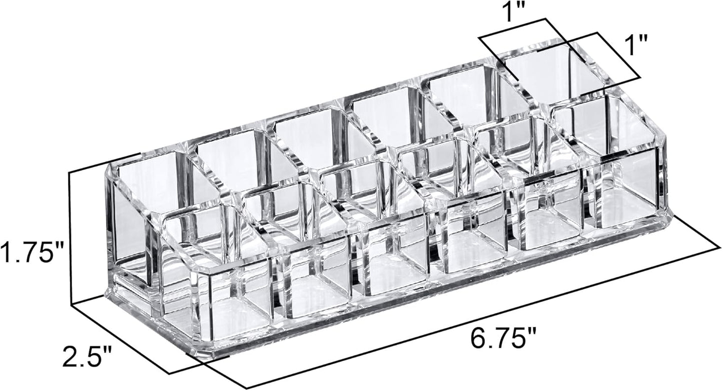 Amazing Abby - Glamour - 12-Slot Acrylic Lipstick Organizer, Lipstick Holder, Lip Gloss Holder, Cosmetic Storage Display, Perfect Storage Solution for Drawer and Vanity (Slot Size: 0.9" x 0.9")