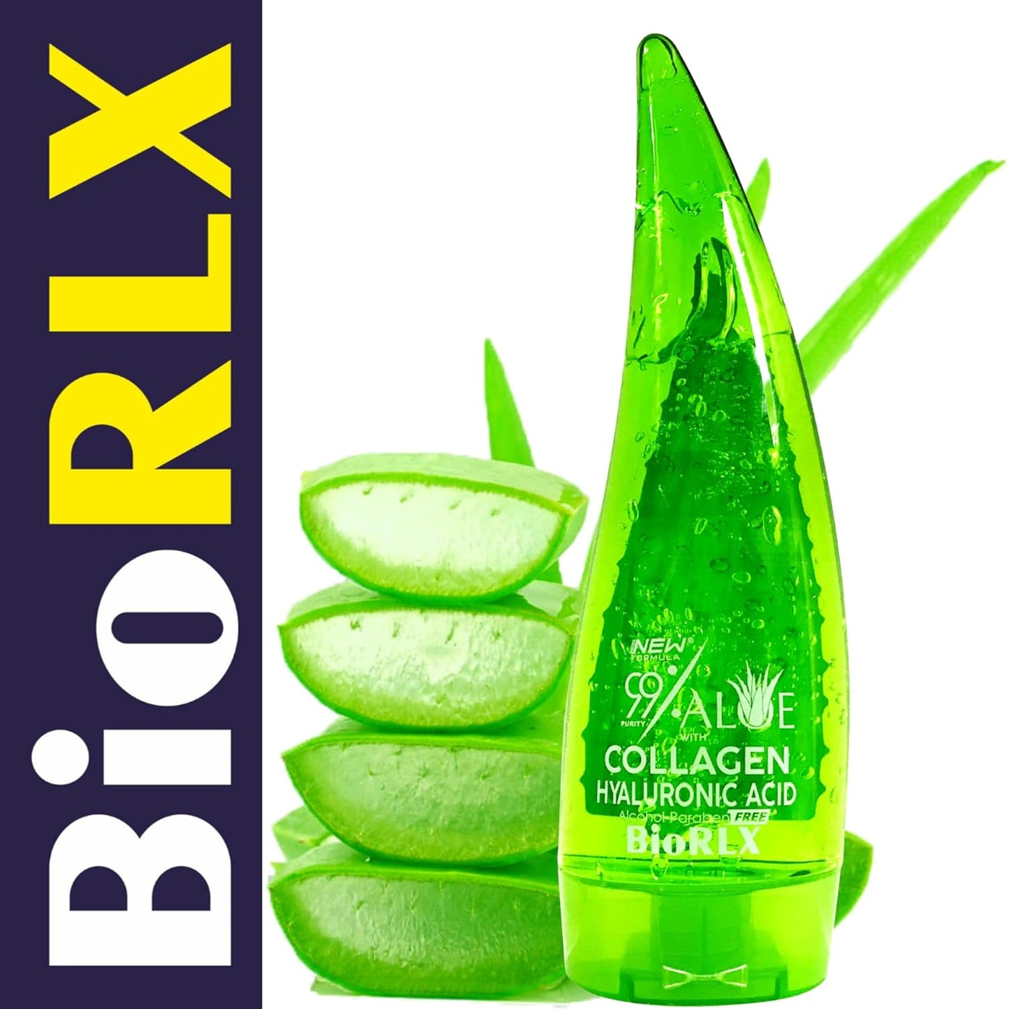 BioRLX 99% Aloe Vera Gel with Collagen and Hyaluronic Acid 250 Ml 8.5 Fl Oz - For Face Body, Hair & Scalp, After Sun Relief, Natural, Soothing, Hydrating
