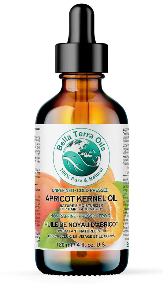 Bella Terra Oils - Organic Apricot Kernel Oil 4 oz - Pure Organic Apricot Essence, Abundant in Linoleic & Oleic Acid, A Luxurious Carrier Oil for Essential Oils