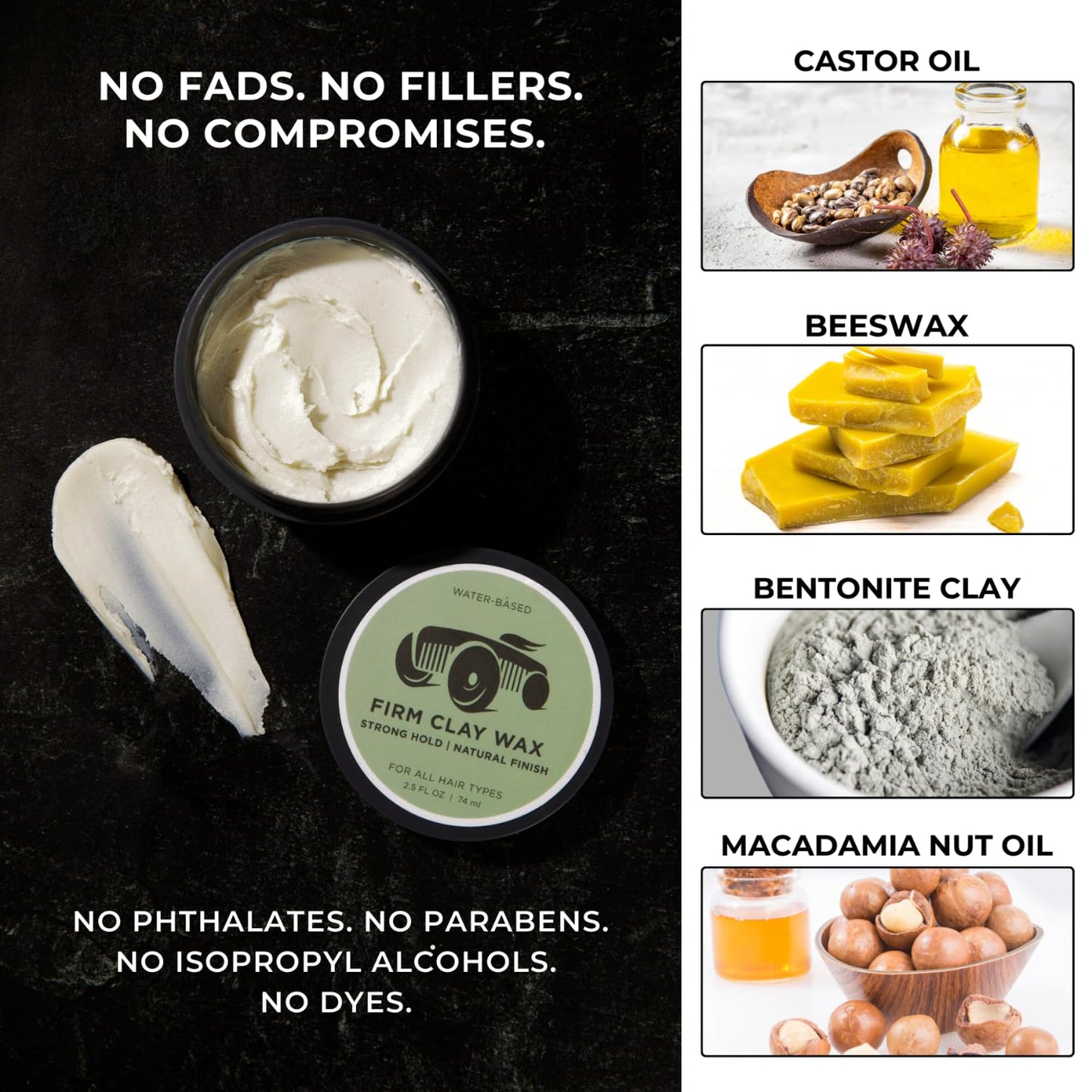 Firm Clay Wax - Stong Hold Natural Finish - Water Based - Kaolin & Bentonite Clay, Macadamia Nut Oil, Beeswax, & Squalane Blend - For All Hair Types - Premium Hair Styling Product (2.5oz)