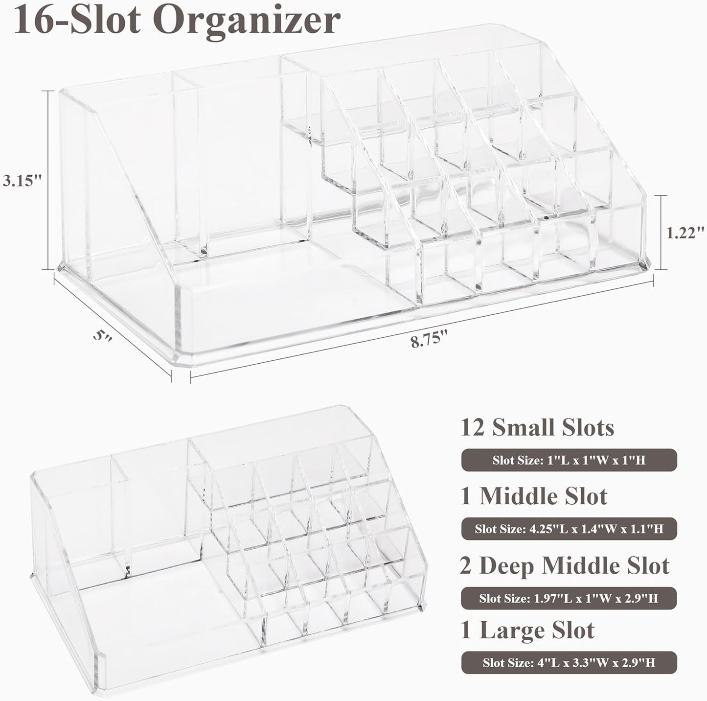 Sea Team 16-Slot Acrylic Plastic Lipstick Organizer, Clear Lipstick Holder, Makeup Storage Box, Cosmetic Display Case for Lippie, Lip Gloss, Eye Liner, Eyebrow Pencil, Nail Polish, Essence, Brush