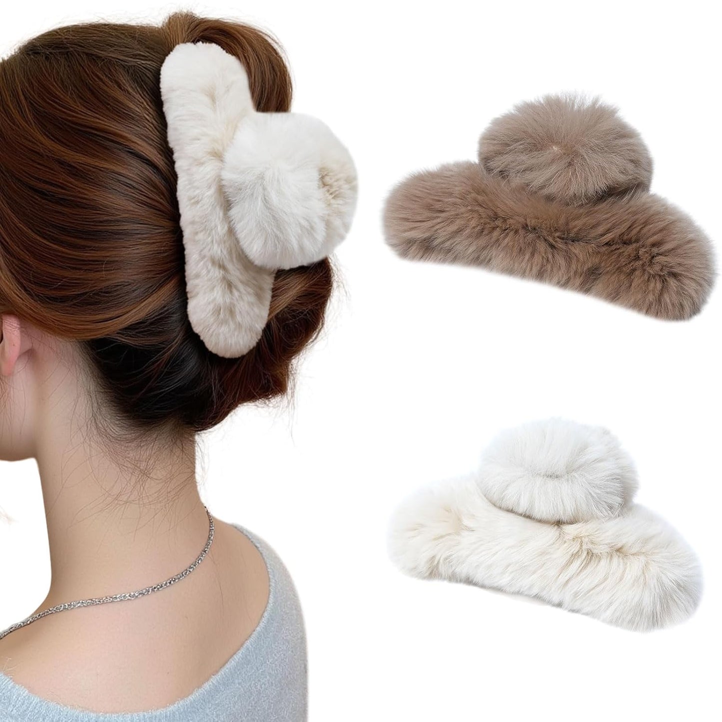 ACECHA 2 Pack Large Fluffy Fuzzy Hair Claw Clips for Women, 5.9" Winter Fur Furry Hairclips, Soft Plush Aesthetic Hair Accessories for Christmas Halloween New Year Party (Coffee & Off-white)