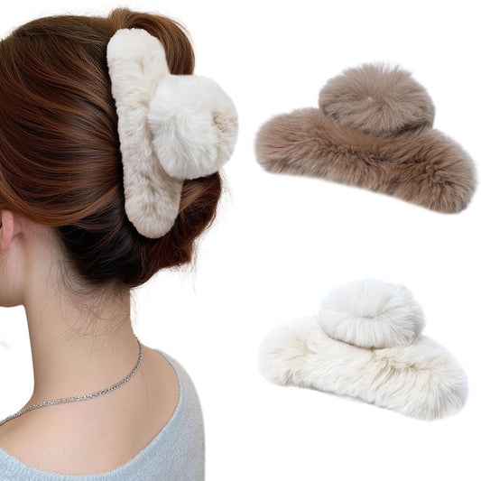 ACECHA 2 Pack Large Fluffy Fuzzy Hair Claw Clips for Women, 5.9" Winter Fur Furry Hairclips, Soft Plush Aesthetic Hair Accessories for Christmas Halloween New Year Party (Coffee & Off-white)