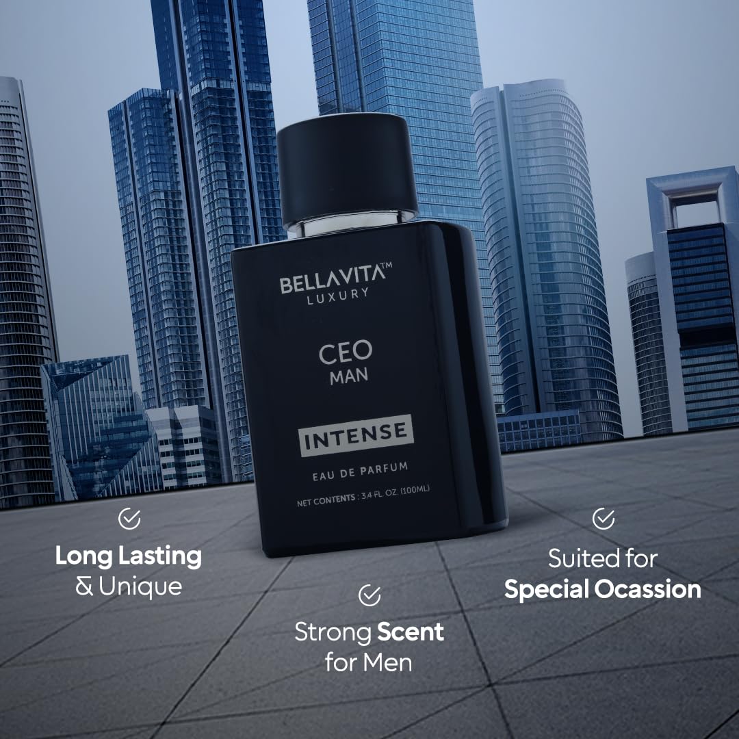 BellaVita Luxury CEO Man INTENSE Eau De Perfume for Men (3.4 fl.oz) | Long-Lasting Mens Cologne with Bergamot, Lavender, Orchid & Musk | Bold & Woody Gift Perfume Cologne for Men | Vegan CEO Fragrance