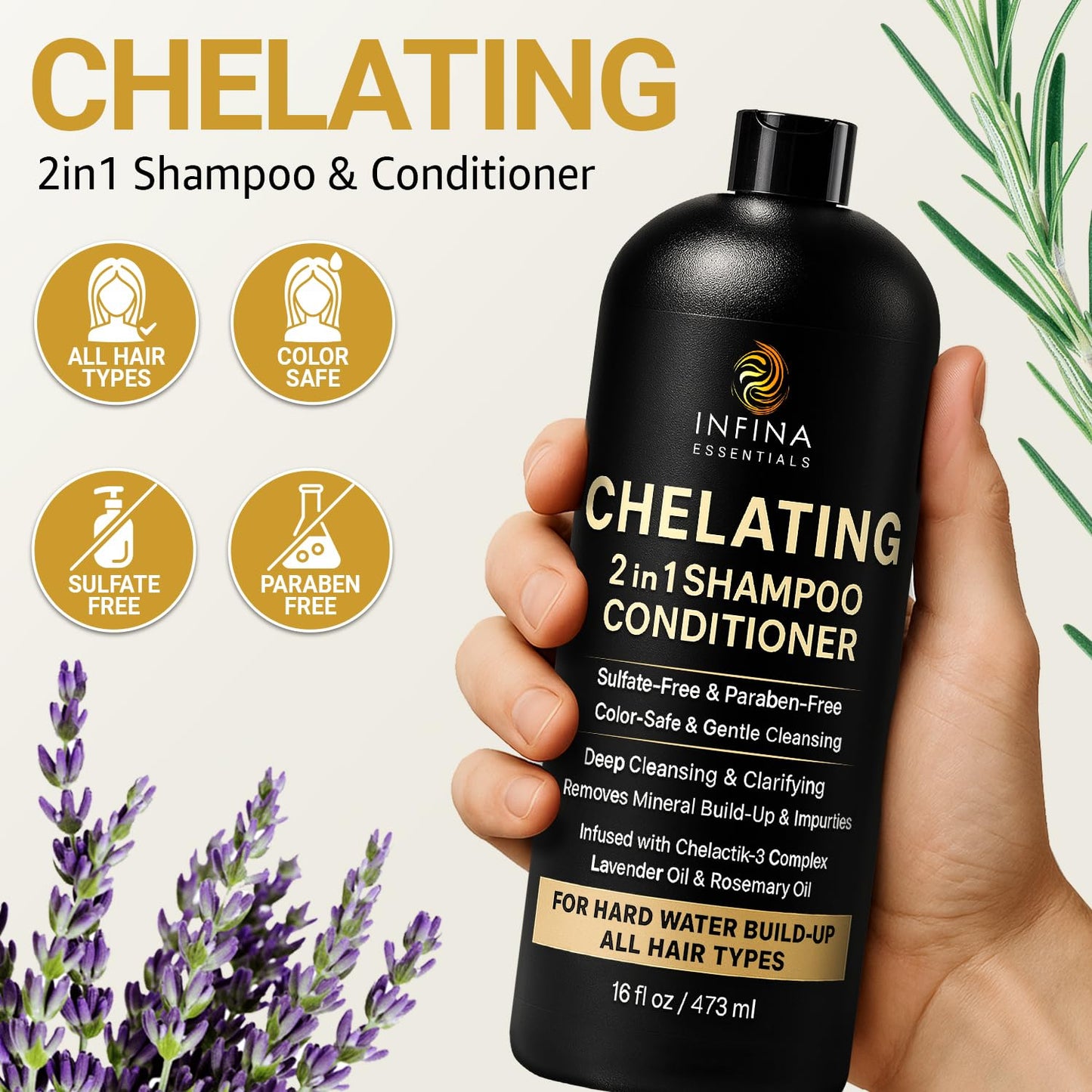 Hard Water Shampoo and Conditioner – 2-in-1 Chelating Cleanser for Buildup Removal, Soft & Shiny Hair – With Chelactik-3 Complex, Amodimethicone & Rosemary Oil – Sulfate-Free - Color Safe – 16 fl oz