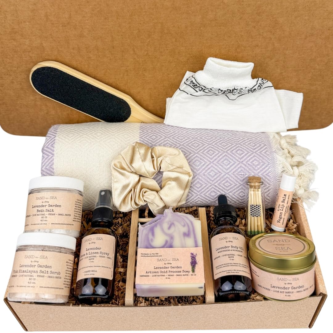 Bath Gift Set for Women, Handmade Gifts For Women, Relaxing, Pampering & Beauty Gift Basket, Unique Spa Kit for Woman, Mom, Best Friend Self Care Gift Box 13 pc (Lavender Garden)