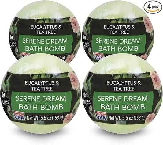 Nature's Beauty Eucalyptus & Tea Tree Bath Bomb Multi-Pack- Natural Hand Crafted, Non-Staining, Luxury Fizzy Spa Bomb, Sooth + Restore Skin, Made w/Coconut Oil & Witch Hazel, 5.5oz (4 Pack)