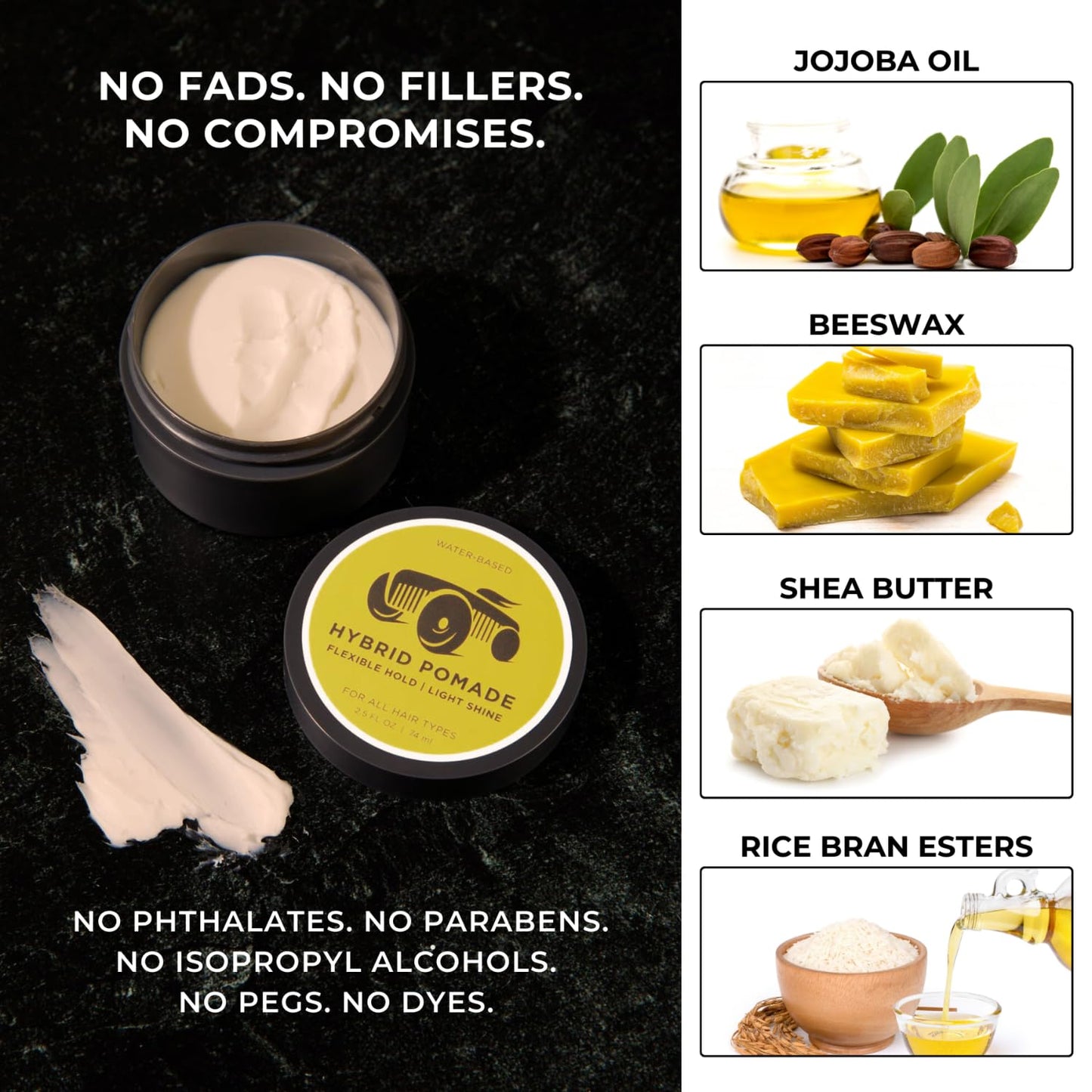 Hybrid Pomade - Flexible Hold Light Shine - Water Based - Shea Butter Beeswax, Jojoba Oil, & Ozokerite Blend - For All Hair Types - Easily Washes Out - Premium Hair Styling Product (2.5oz)