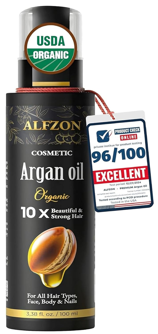 𝐏𝐫𝐞𝐦𝐢𝐮𝐦 Moroccan Argan Oil 100% Pure USDA Organic Hair Treatment, Cold Pressed For Dry, Damaged, Curly & Frizzy Hair, Skin, Face, Body & Beard Natural Anti Aging for Women & Men, Large 3.38 oz