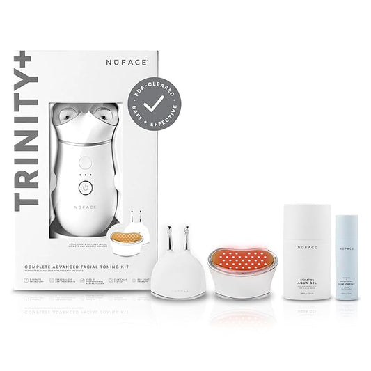NuFACE TRINITY+ Microcurrent Facial Device, Wrinkle Reducer + Effective Lip & Eye Attachment - FDA Cleared Face Toning Device for Targeted Treatment + Microcurrent Gel Activator & Silk Creme