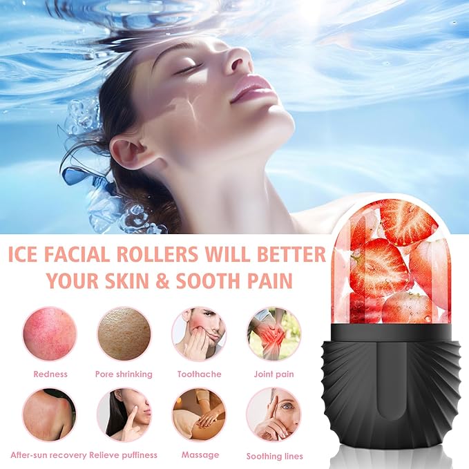 Ice Face Roller, Silicone Facial Ice Roller, Reusable Skin Care Massager Tools for Relieve Puffiness, Tighten Skin, Shrink Pores Shell Black