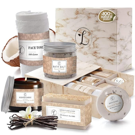 Spa Gift Set, Natural Coconut & Vanilla, Gift Box Includes: Bath Bomb, Bath Salt, Hand Soap, Scented Candle, Face Cloth and Gift Box. Best Gift for Her.