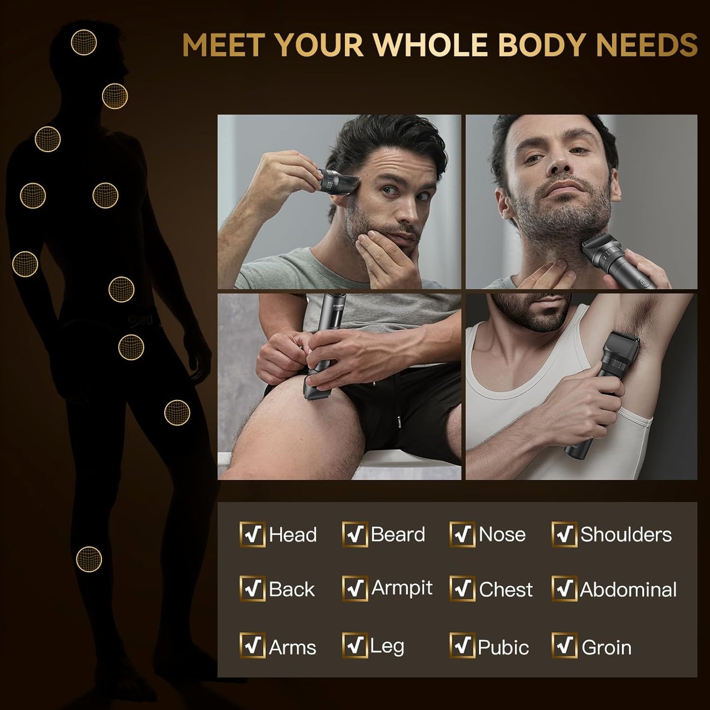 Beard Trimmer for Men - 42 Adjustable Length Settings Hair Clippers, Professional Body Hair Trimmer for Men Precision Facial Hair Trimming IPX6 Waterproof Nose Trimmers LED Display Mustache Trimmers