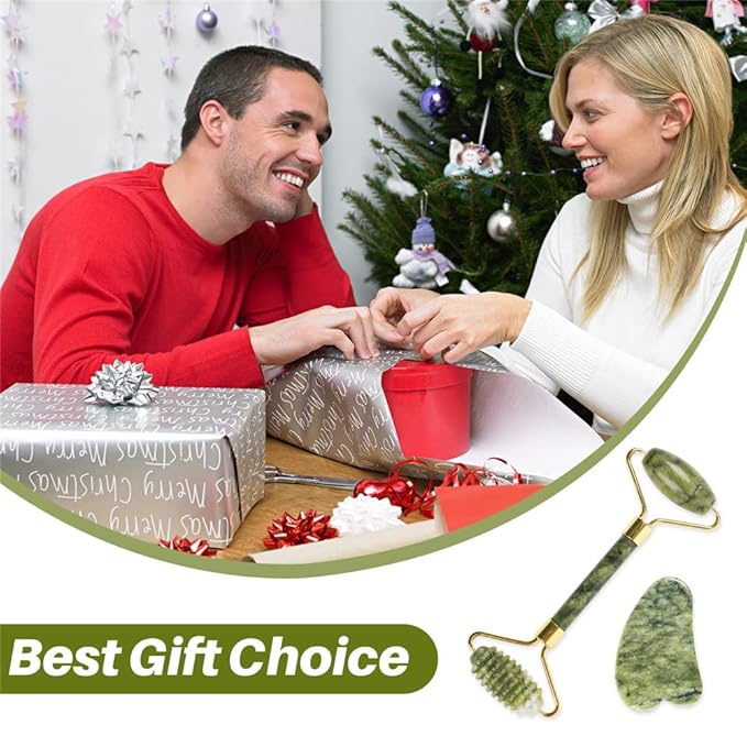 Emerald Facial Roller Massager Anti-wrinkle and relieve edema, facial ridged roller natural Xiuyan jade rejuvenates the skin (green)