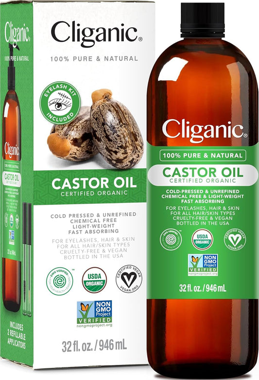 Cliganic Organic Castor Oil, 100% Pure (32oz with Eyelash Kit) - For Eyelashes, Eyebrows, Hair & Skin | Natural Cold Pressed Unrefined Hexane-Free