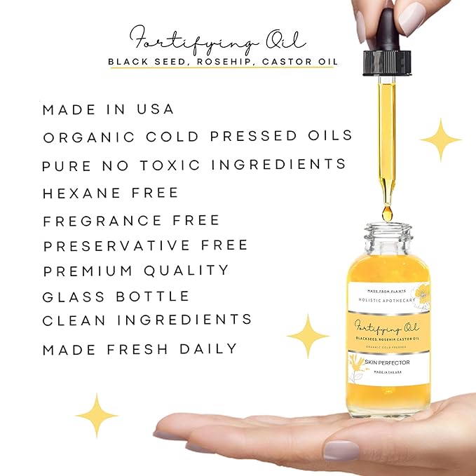 Black Seed, Rosehip & Castor Oil Organic Cold Pressed Fortifying Anti Aging Miracle Facial Moisturizer Face Serum Glow Oil Hydrates Dry Wrinkled Skin Premium Natural Skincare Glass Bottle