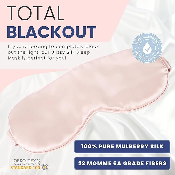 Blissy Silk Sleep Mask - Silk Eye Sleeping Mask for Women & Men for Total Blackout - 100% Pure Mulberry Silk, 22 Momme 6a Fibers - Blindfold Silk Sleep Mask Side Sleeper Eye Cover (Pink)