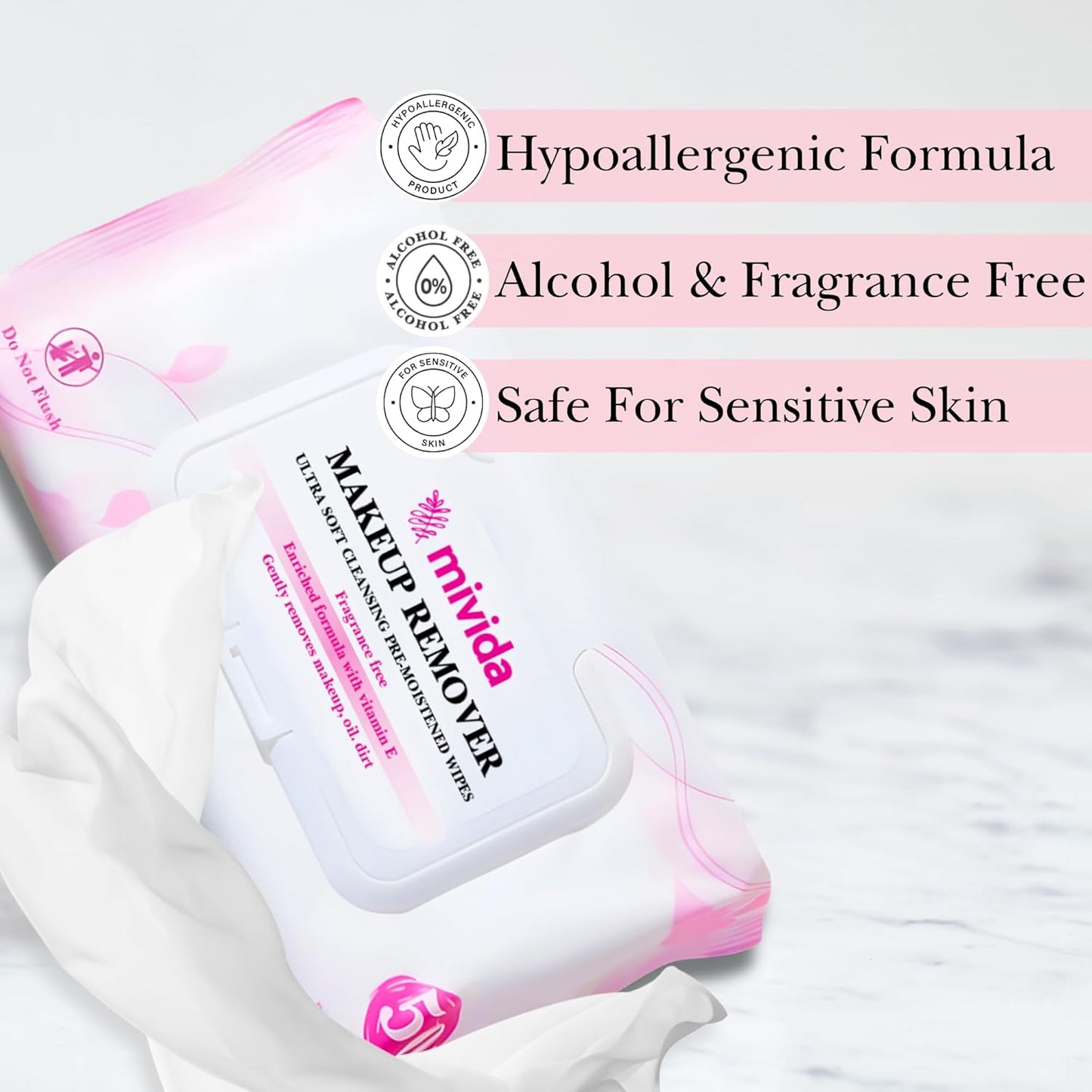 Mivida Hypoallergenic Makeup Remover Wipes | Daily Cleansing Facial Towelettes with Vitamin E For Sensitive Skin | 50 Count Fragrance-Free, Alcohol-Free Face Wipes