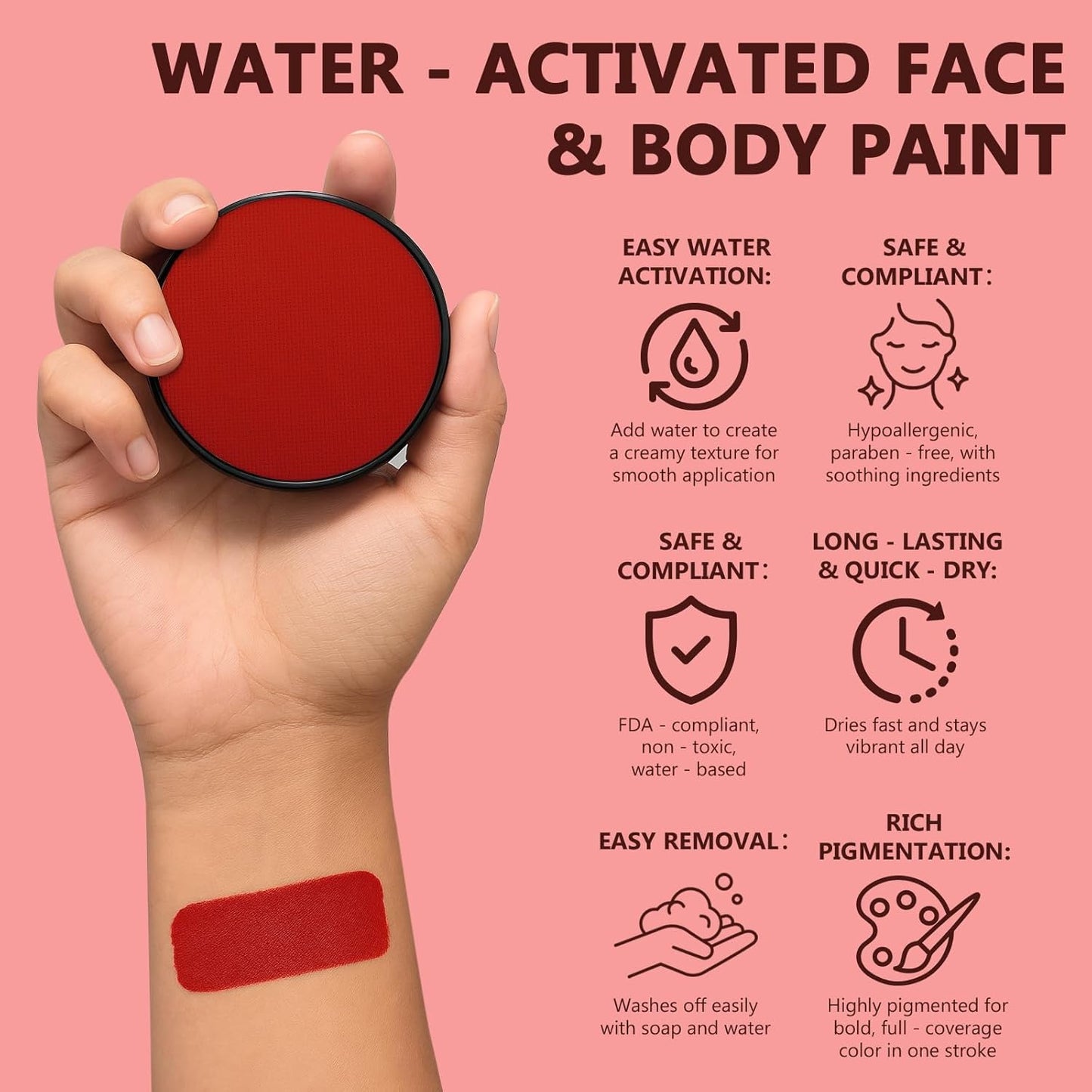 Face Body Paint Kit for Kids & Adults, Non-Toxic Water-Based Professional Face Painting Palette with Brushes for Halloween Clown Goth Vampire SFX Makeup, Art Stage Cosplay Parties, Red