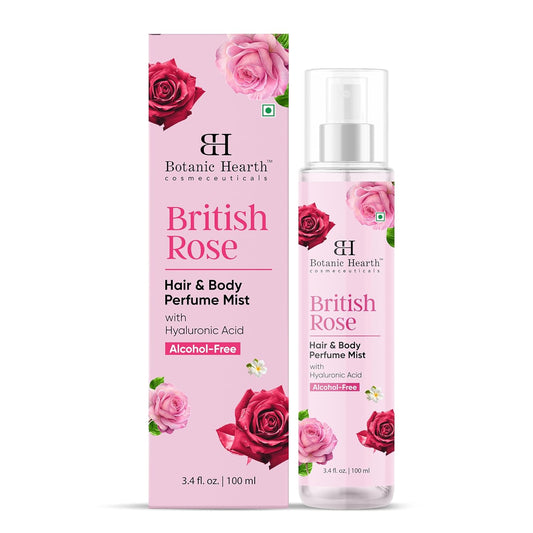 Botanic Hearth British Rose Hair Perfume & Body Perfume Mist with Hyaluronic Acid, Alcohol-Free, Refreshing & Hydrating Body Spray, Long Lasting Floral Fragrance, 100 ml / 3.4 fl oz