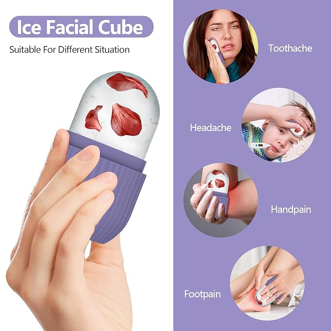 Ice Roller for Face and Eye, Silicone Ice Facial Roller Ice Holder, Face Ice Mold Skin Care, Face Icers Reusable Ice Cube Roller for Shrink Pores Anti Wrinkle Reduce Puffiness, Purple