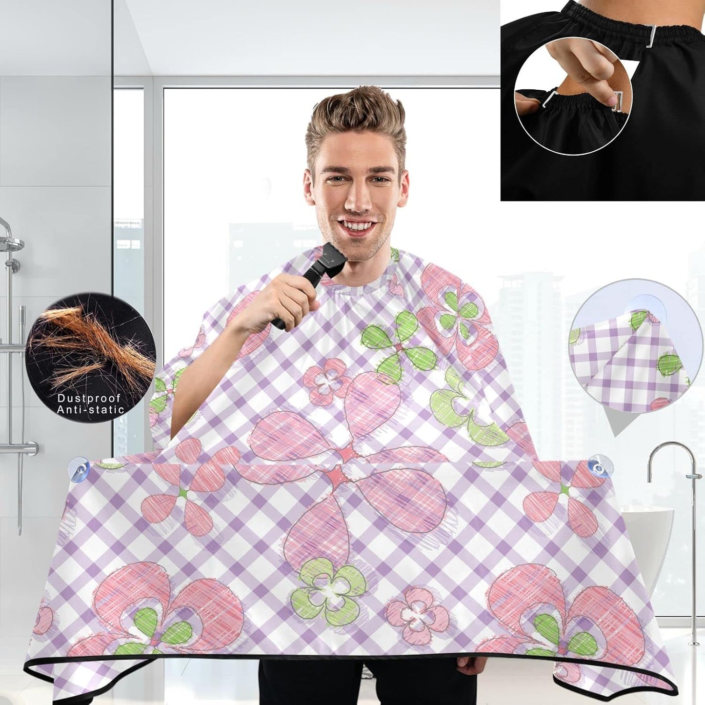 visesunny Barber Cape Abstract Floral Gingham Polyester Hair Cutting Salon Cape Apron Anti-Static Haircut Water-Resistant Shaving Cloth Beard Shaving Bib Hairdressing Cape