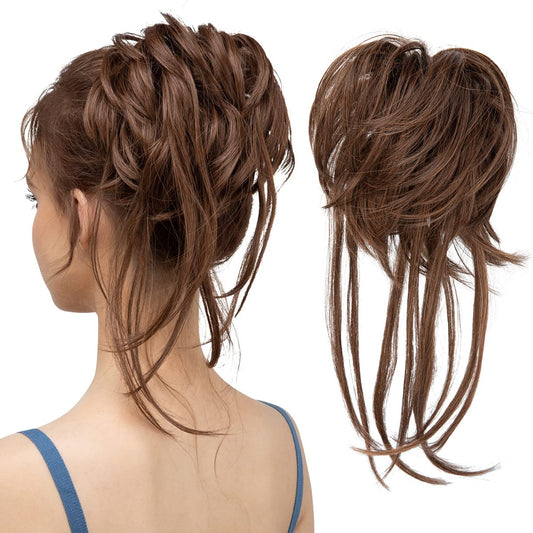 CJL HAIR Messy Bun Hair Piece Curly Hair Bun Extensions with Straight Tails Synthetic Hair Scrunchies Ponytail Hairpieces for Women Light Brown
