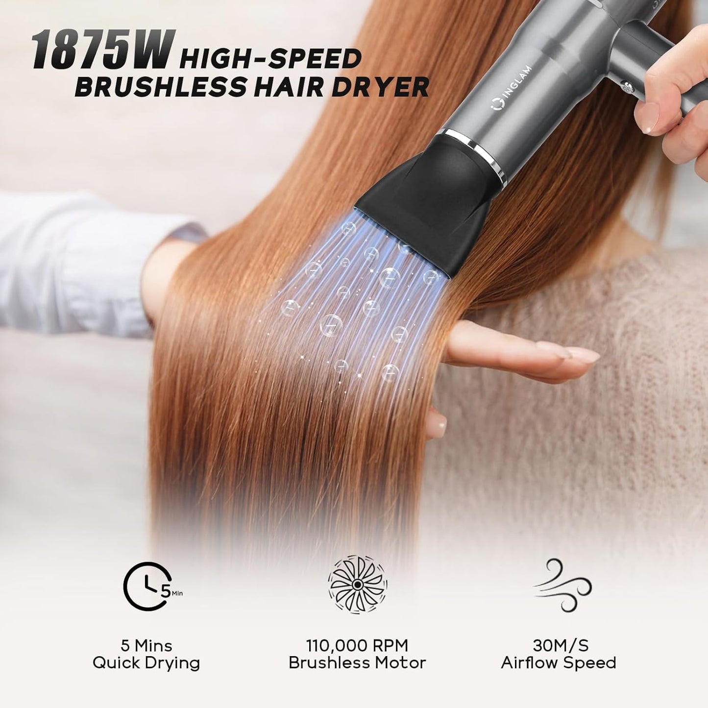 Blow Dryer with Diffuser, IG INGLAM Professional Hair Dryer 110,000RPM Brushless Motor High Speed Low Noise, 3 Heat Settings & 3 Speed & Cold Settings, Powerful Ionic Hair Dryer for Salon Travel Gift