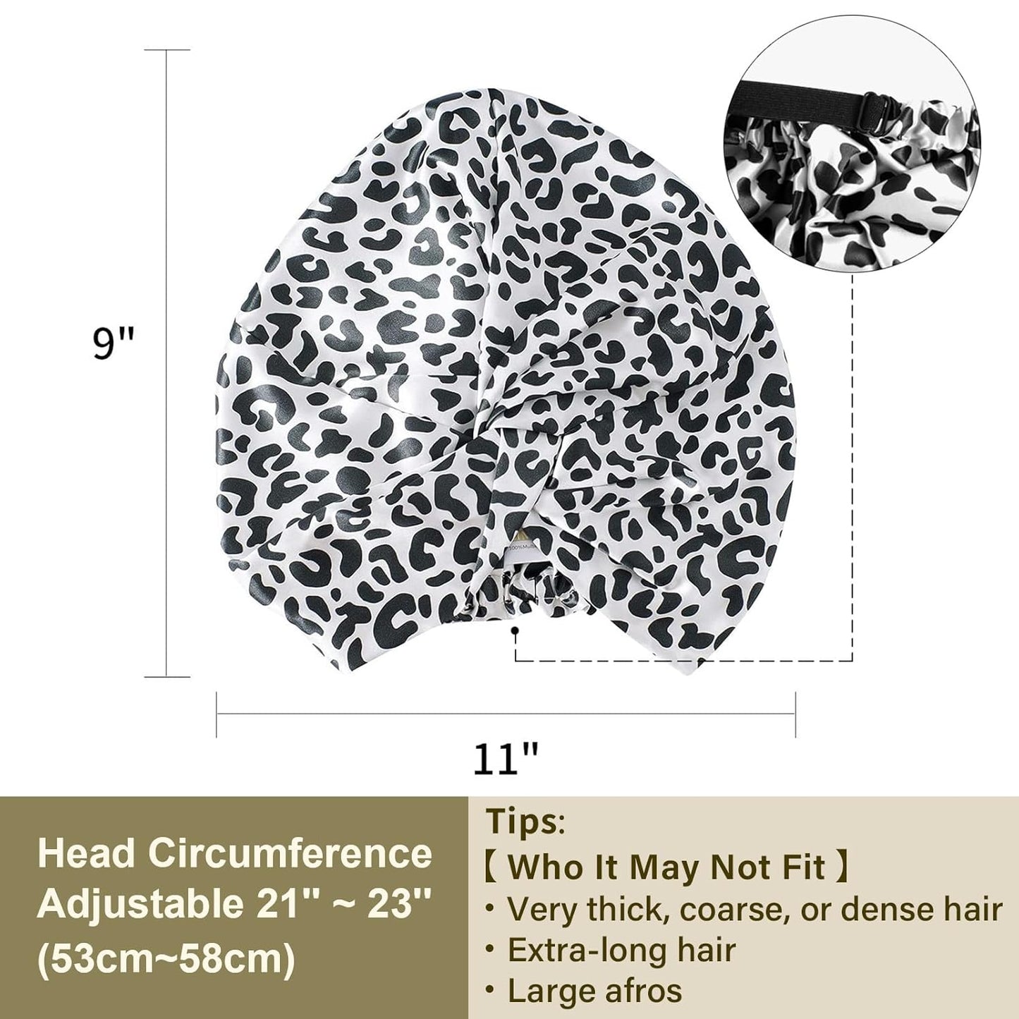 ZIMASILK 22 Momme 100% Mulberry Silk Bonnet for Sleeping & Women Hair Care, Highest Grade 6A Silk Hair wrap for Sleeping with Premium Elastic Stay On Head (1Pc, Leopard Black/White)